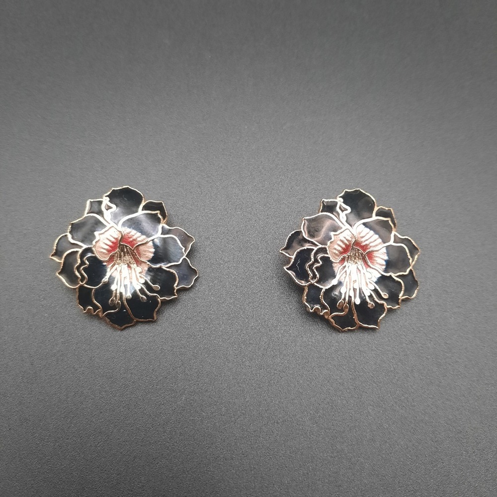 Vintage Cloisonne Enamel Large Black, Red & Gold Lily‎ Floral Clip-on Earrings